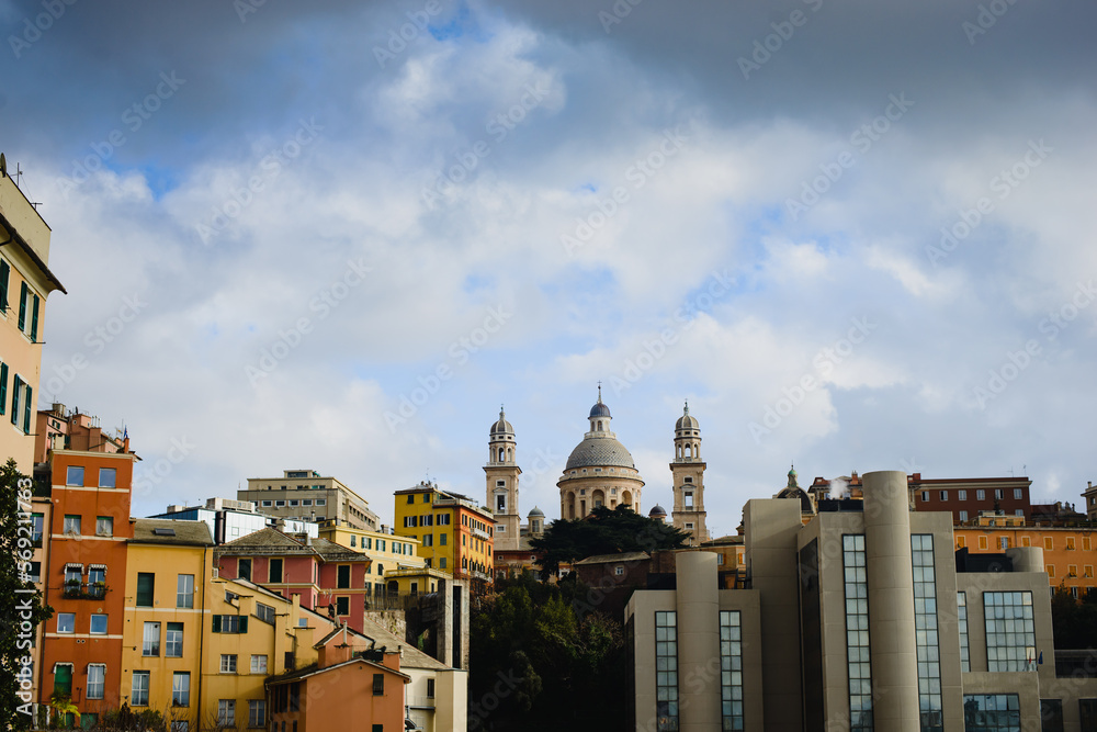 Landscape. Panoramic view of Genoa. Facades of buildings, roofs of houses