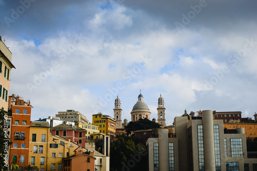 Landscape. Panoramic view of Genoa. Facades of buildings, roofs of houses