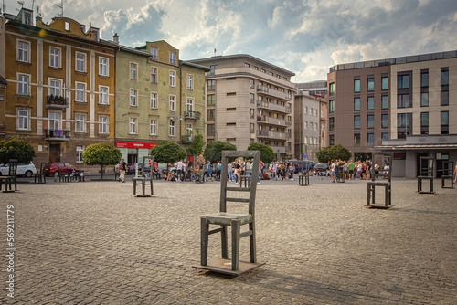 Obraz na płótnie Ghetto heroes square with lots of symbolic chairs in Krakow, Poland
