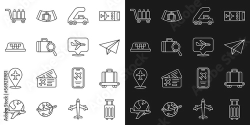 Set line Suitcase, Conveyor belt with suitcase, Paper airplane, Passenger ladder for boarding, Lost baggage, Taxi car roof, Trolley and Plane icon. Vector