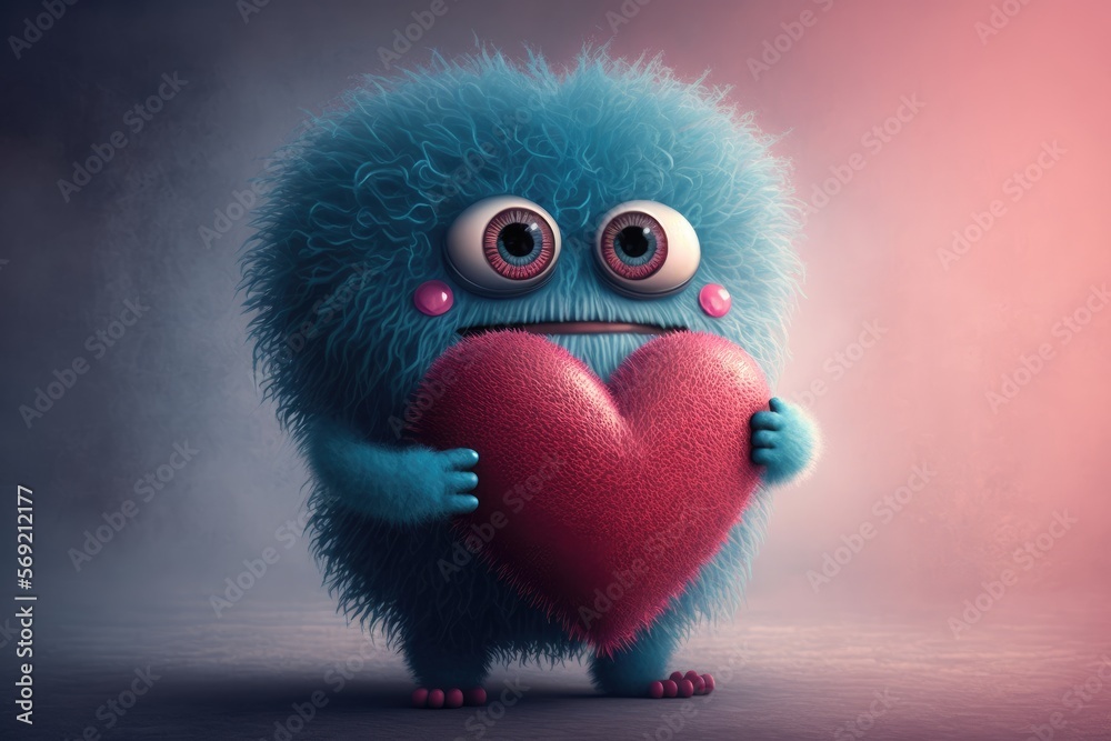 Fototapeta premium Funny monster holding a big red heart in his hands, 3d illustration