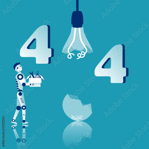 404 Error, page not found. Connection error. The robot is repairing a broken internet network. Not internet. Vector illustration flat design.