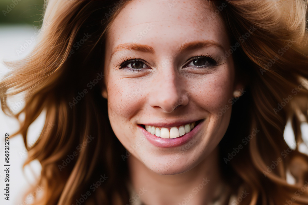 Generative AI image of cheerful woman with ginger hair Generative AI image of cheerful woman with ginger hair