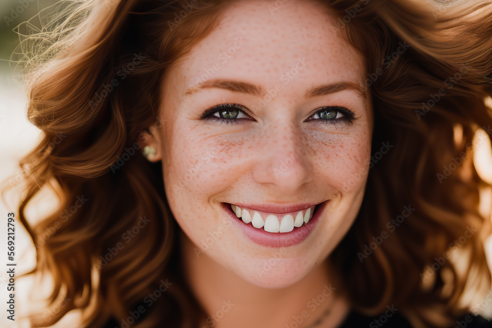 Generative AI image of cheerful woman with long hair Generative AI image of cheerful woman with long hair