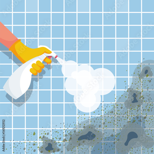Mold spray. Mold control specialist. Hand in glove sprays the product antifungal. Dangerous fungus to kill. Man cleans bathroom cleaning products. Vector illustration flat design.