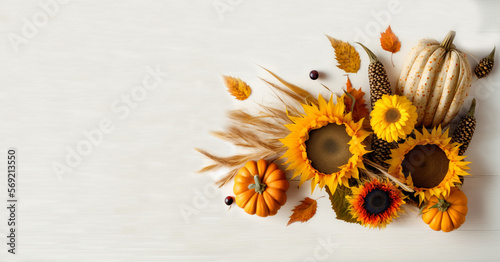 Concept of fall harvest or Thanksgiving day. Autumn composition with pumpkins, wheat ears and sunflowers on white wooden table. Flat lay, copy space photo