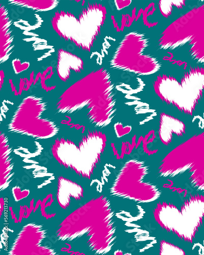 Abstract Hand Drawing Ikat Stitch Hearts and Hand Writing Love Text Seamless Vector Pattern Isolated Background
