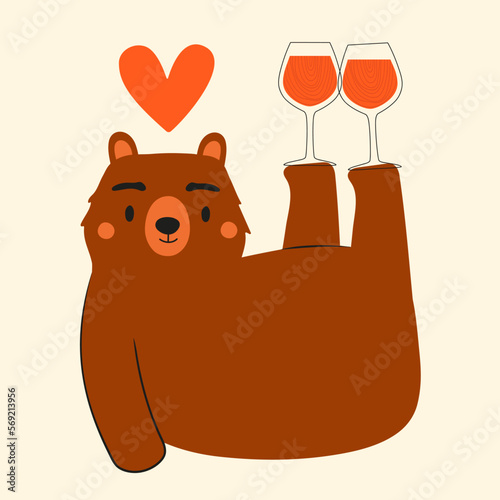 Vector illustration with funny bear, wine glasses and red heart. Romantic print design with forest animal, restaurant wall poster, menu decoration element