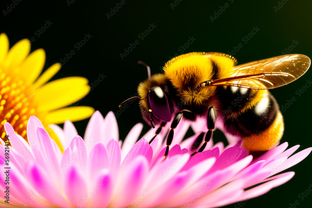 Flying Bee with flower on blurry background - digital painting art. Generative AI Flying Bee with flower on blurry background - digital painting art. Generative AI