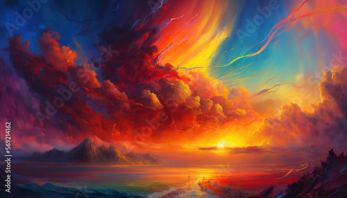 Wind and Waves. Colorful. Vibrant brush strokes. Watercolor. Sunrise. Colors. Sky. Generative AI.