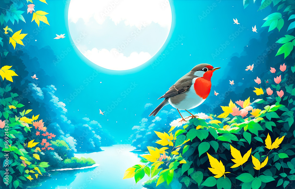 Obraz premium Beautiful European Robin (Erithacus rubecula) - Digital painting art. Generative AI