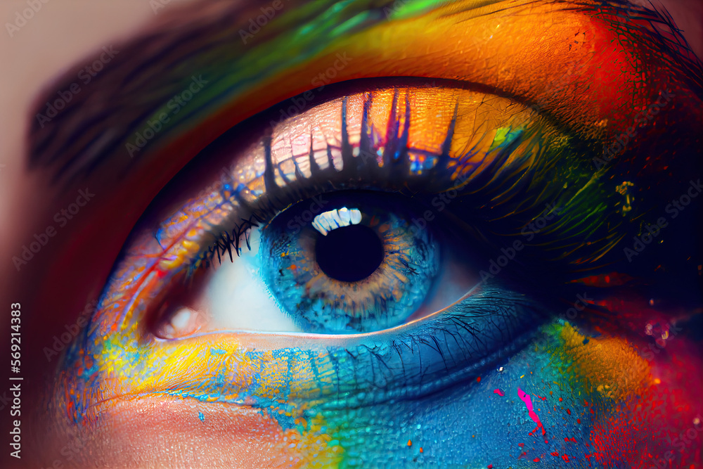 Closeup of woman's colorful eye - obrazy, fototapety, plakaty 