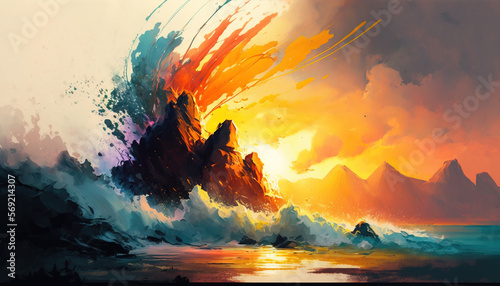Ocean Waves. Colorful. Vibrant brush strokes. Sunrise. Colors. Wind. Generative AI.