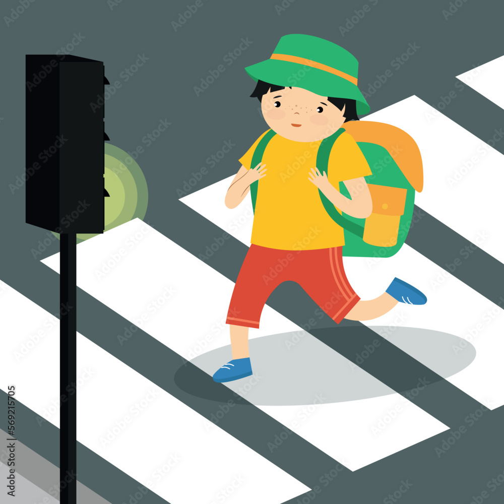 Illustration of a boy crossing the street with a backpack and a traffic light