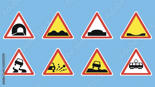Free Download Set 2 of Warning road signs on blue background. Vector illustration. - GFXLoad