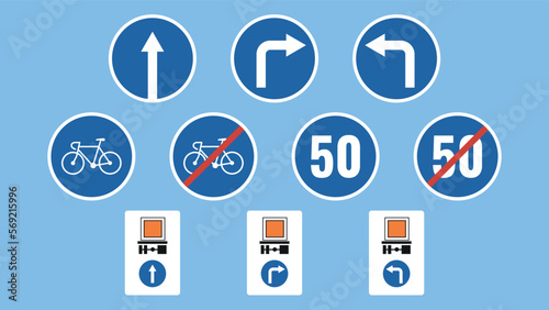Set of Mandatory road signs. Vector illustration. Traffic signs on blue background.