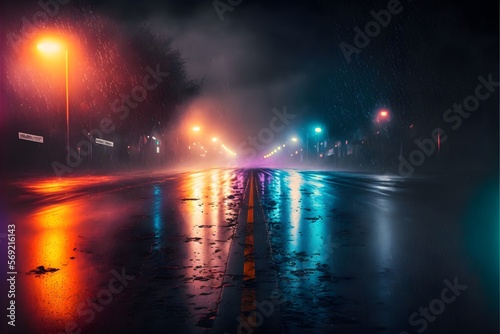 Wet asphalt background, reflection of neon lights and smoke. Generative AI. © unik