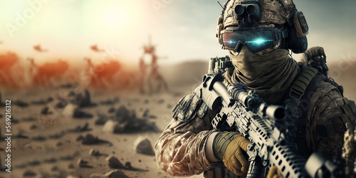 Army soldier in Combat Uniforms with assault rifle, plate carrier and combat helmet are on, battlefield background created with Generative AI