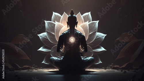 meditating with back view, Relaxed and patient, closed eyes, calm down, do breathing exercises with hands in zen gesture created with Generative AI