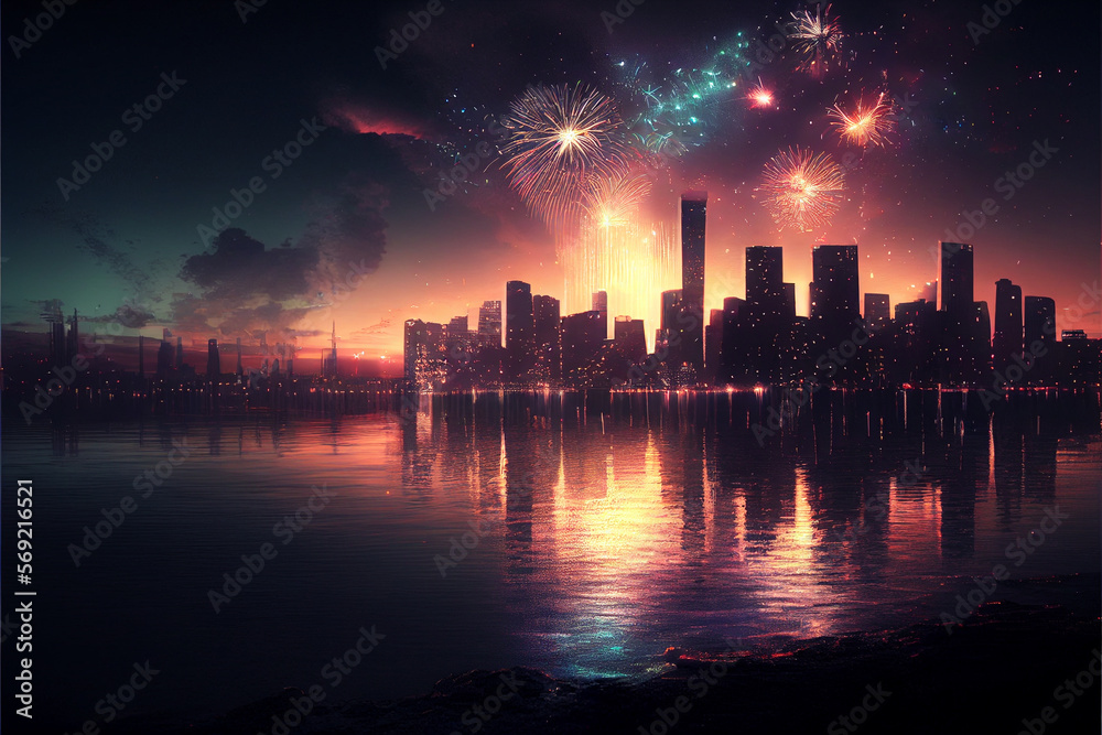 Fireworks over the skyline of the city. AI generated.