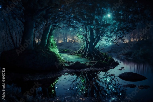 Magical glowing forest at night