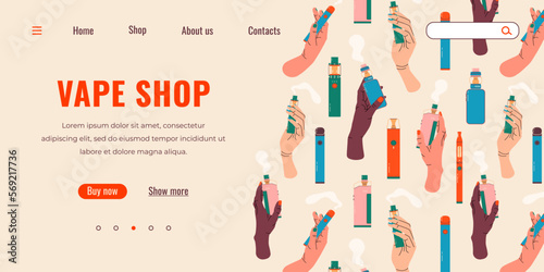 Vape shop colorful web page. Electronic cigarettes and vape. Modern vector illustration. Alternative smoking device. Flat vector design for web.
