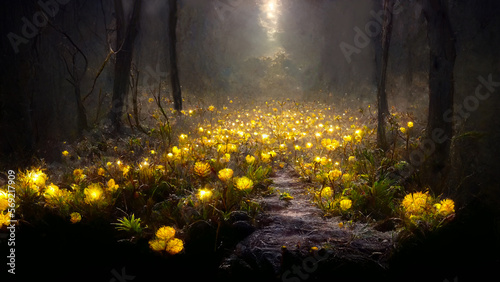 Background of yellow flower blooming in forest. Illustration image.