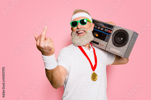 Fuck it Crazy aged rude sporty funny sexy athlete grandpa in eyewear with recorder. Old school, swag, fooling around, gym, workout, technology, groove, stereo sound, funky leisure, chill, young