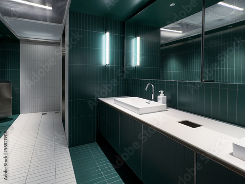 Contemporary interior of public toilet with Green tile walls