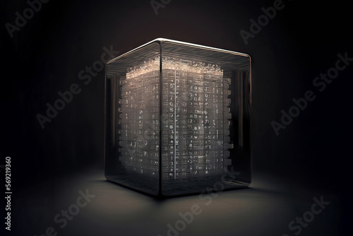 Glass cube with illuminated digital schemes photo