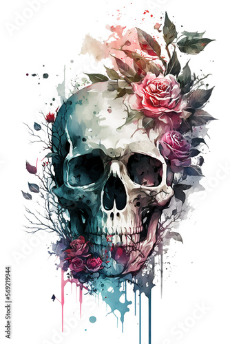 Watercolor Floral Skulls Clipart PNG Sublimation, Transparent Skulls with Flowers, witch png, Flower skull Clipart, generative ai.