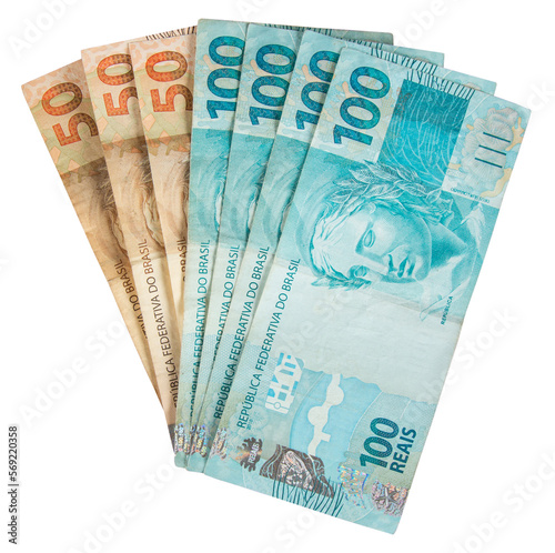Brazilian money. One hundred reais and fifty reais banknotes photo