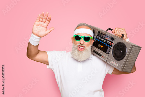 Yeah bro Whats up Cheerful excited aged funny sexy gangster cool grandpa dude in eyewear with bass clipping ghetto blaster recorder. Old school, swag, fooling, gym, technology, success, hip hop