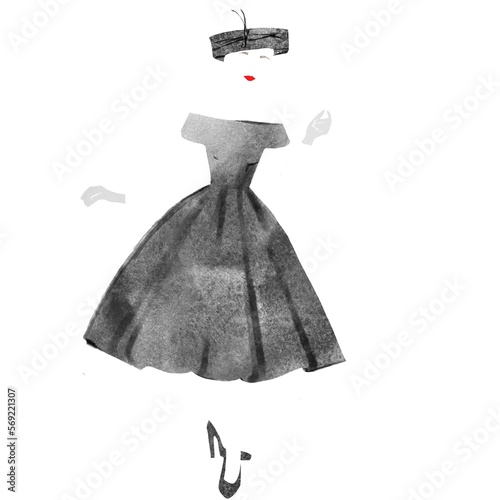Retro fashion. A lady in an elegant dress.Black dress, hat, and gloves on a white background. Red lips.  photo