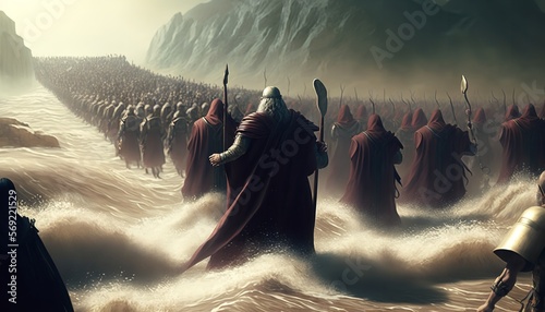 Bible's Exodus, Moses leading the Israelites over the Red Sea to escape the Egyptians. Generative Ai. photo