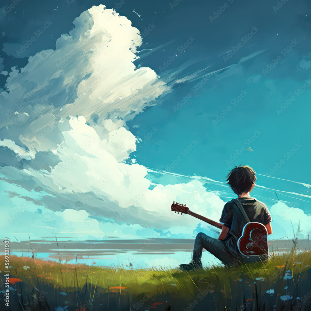 Boy playing guitar sitting on the grass field with sky view. Guitar boy