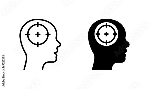Human Head Target Silhouette and Line Icon Set. Sociology Marketing, Focus Goal on Customer Mind Pictogram. Aim Destination Icon. Cognitive Knowledge. Editable Stroke. Isolated Vector Illustration