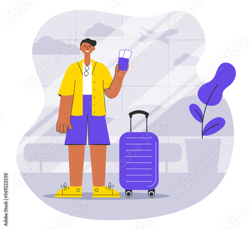 Boy or young guy with suitcase waiting for the boarding and flight with tickets at the airport with nature and widow, flat travel concept, character in flat style. Vector illustration.