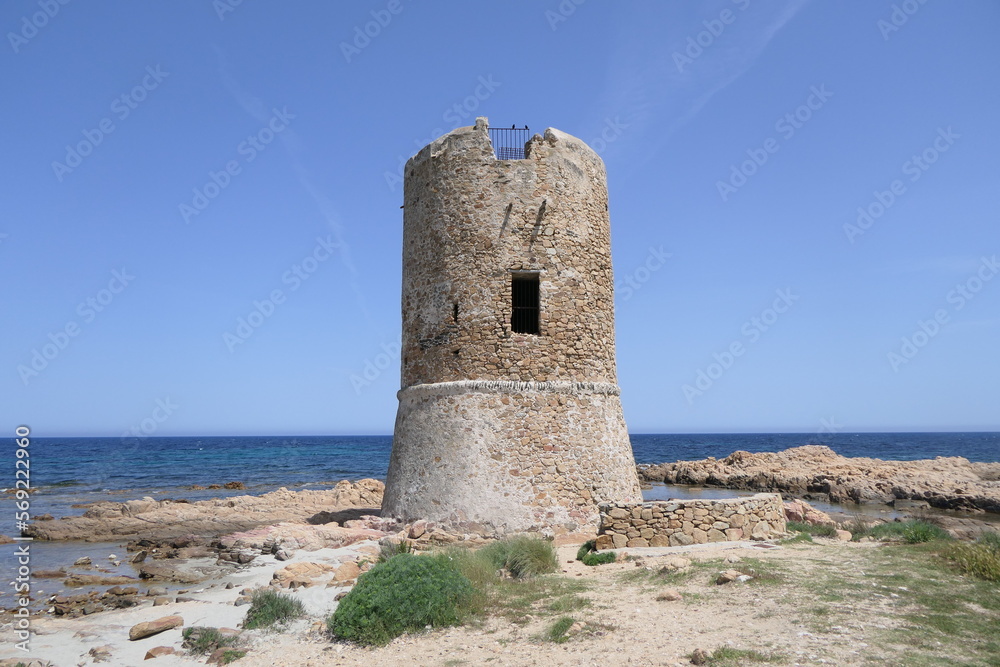 Tower of the fortress. Fortification against invaders in the Middle Ages on the coast of Sardinia.