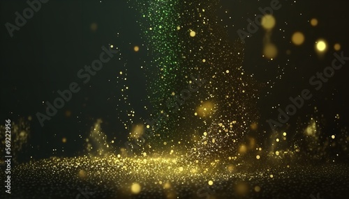 Dark, abstract backdrop with gold glitter, shimmering dust, and bright lighting particles in the blurry background. © Concept Killer