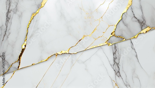 Abstract white marble background with shiny gold and gray color. Stone wall texture panoramic background high resolution. Generative AI