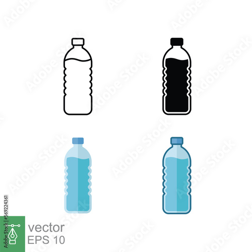 Water bottle icon set in different style. Line, solid, flat, filled outline. Plastic bottle, drink, mineral, soda, juice, package concept. Vector illustration isolated on white background. EPS 10.