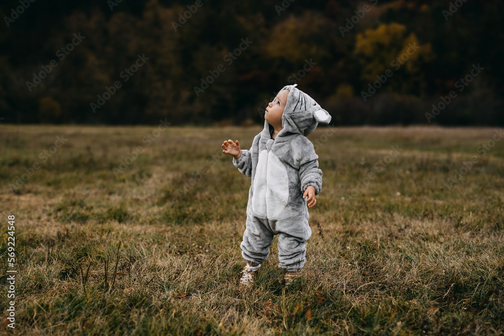 Little child in a plush mouse costume standing in an open field, looking up. Little child in a plush mouse costume standing in an open field, looking up.