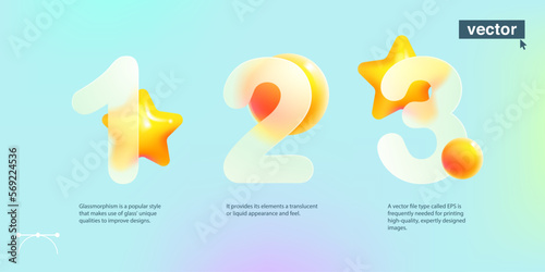 Chart infographics with 3 step in glassmorphism style with star logos. Vector 3D achievement icons.