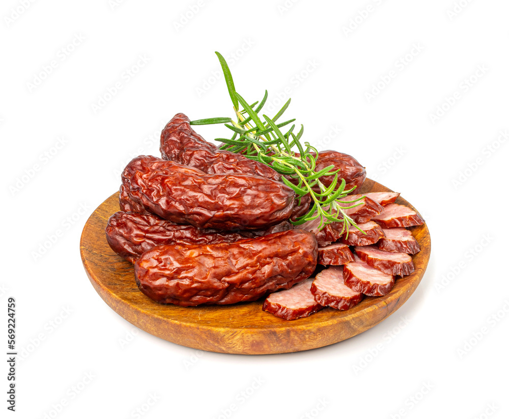 Dry Smoked Sausages Isolated, Salami Sticks, Kielbasa, Cabanossi, Kabanos, Dry Embutido, Chorizo, Bratwurst