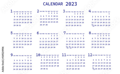 2023年のシンプルな年間カレンダー