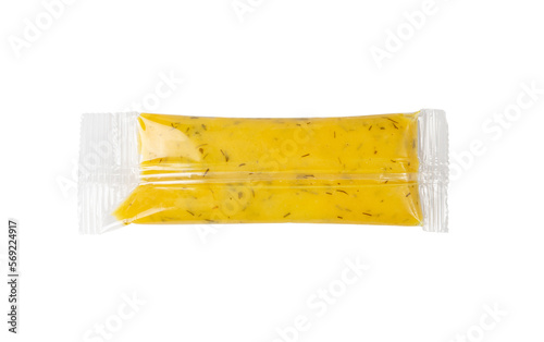 Mustard Sauce in Square Plastic Bag Isolated, One-Time Portion of Yellow BBQ Sauce, Mustard Transparent Sachet
