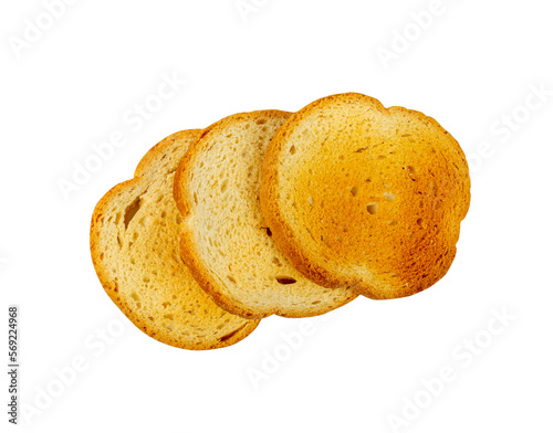 Dry Round Crackers Isolated, Sliced French Baguette Bread, Crunchy Croutons, Bruschetta Crackers, Round Rusks photo