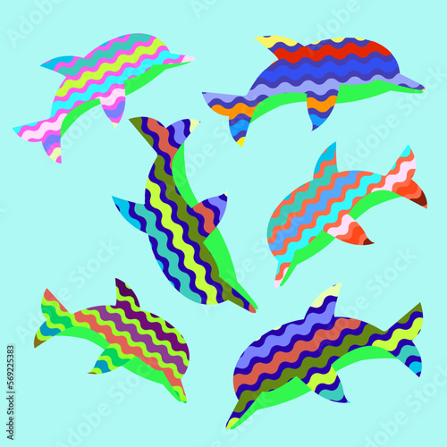 Colored dolphins in different patterns, wavy fish, fauna, sea water. vector illustration