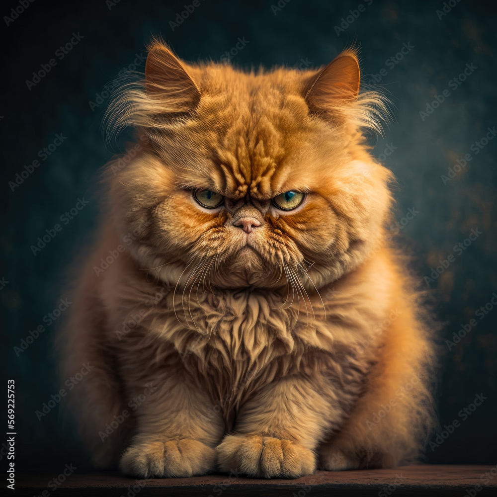 A grumpy looking ginger cat sitting on a brown surface. Dark blue background. Created with Generative AI.